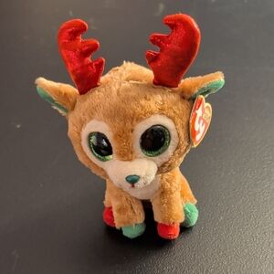 Ty Plush Reindeer with Red Antlers and Brown Fur
